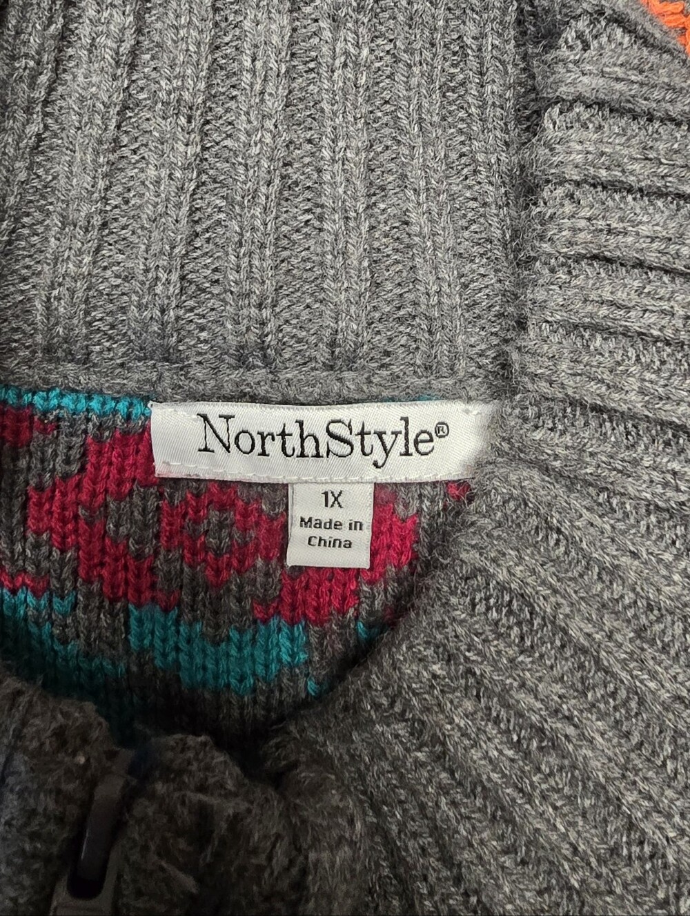 NorthStyle Boho Cottagecore Zip-Up Knit Cardigan in Gray, Teal & Magenta 1X - Picture 2 of 4